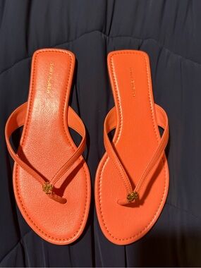 Tory Burch Bright Orange Leather Thong Sandals with Gold Logo